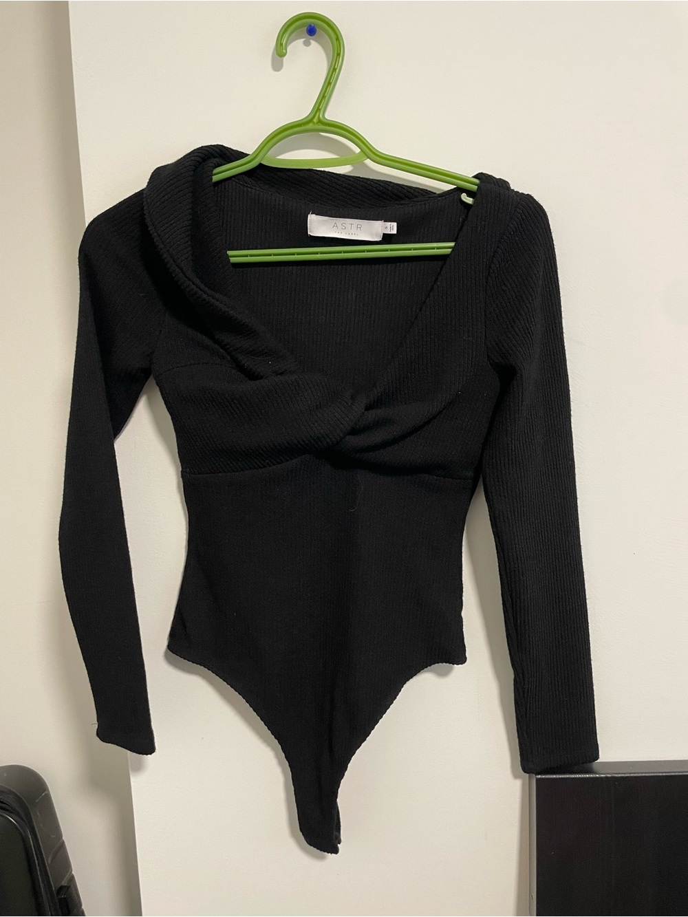 37 ASTR Black Ribbed Twist-Front Long-Sleeve One-Piece